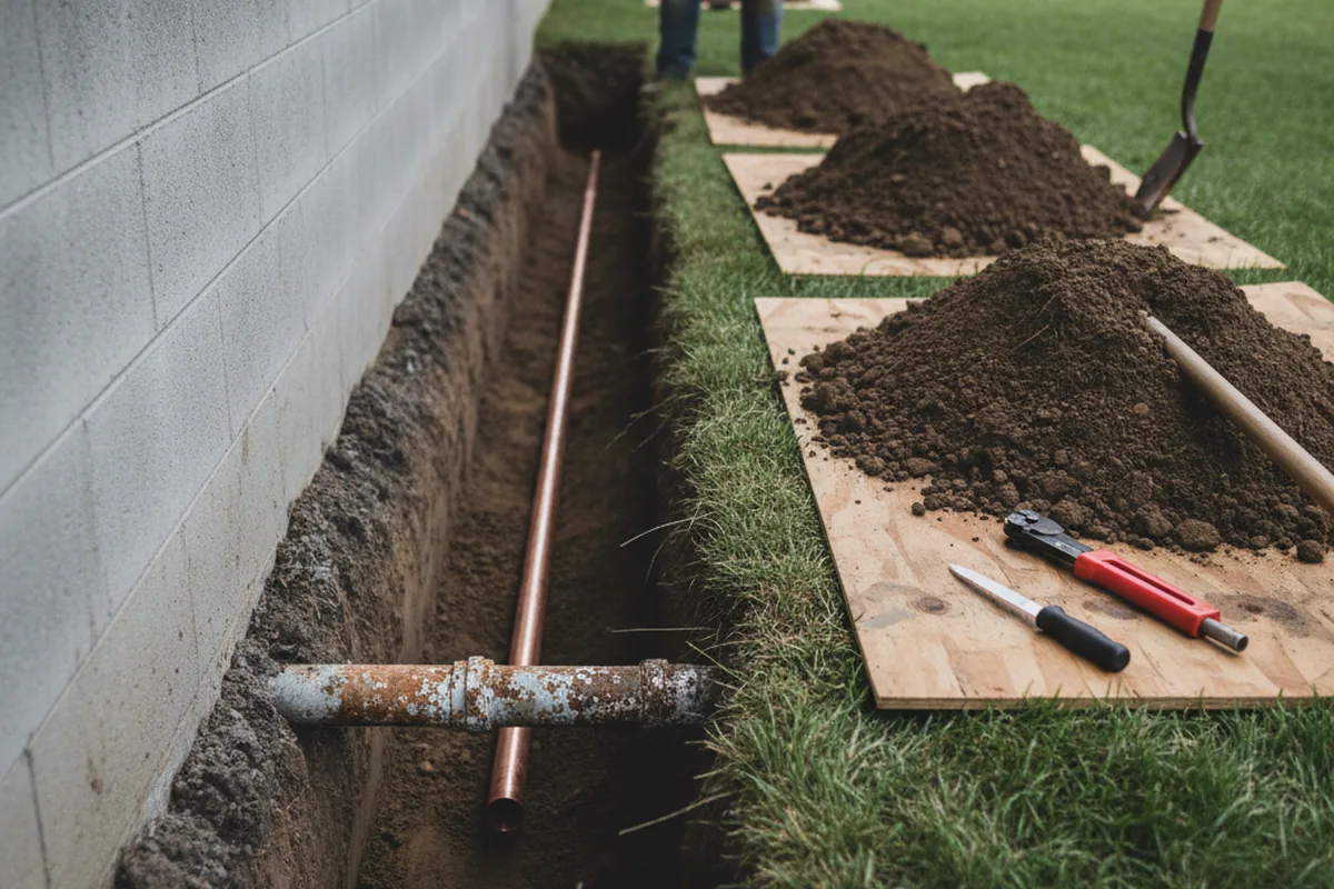Excavated water line trench during Water Softener Installation in Far Hills